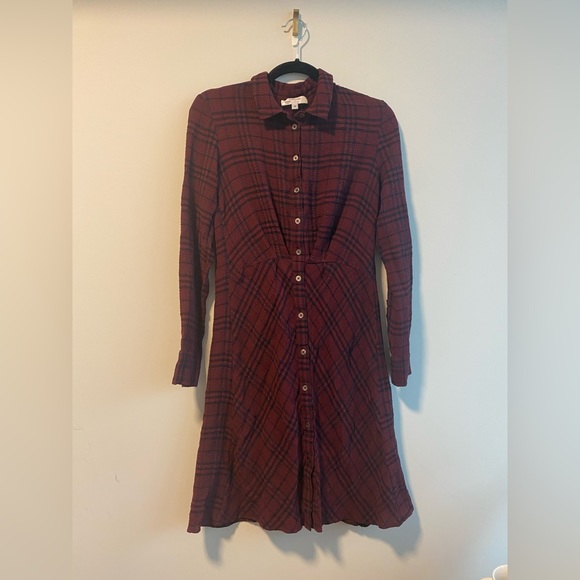 Thakoon Collective Burgundy & Navy Crinkled Plaid Shirt Dress - Picture 4 of 5